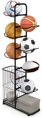 Produktbild von Ball Aufbewahrung – 7-stufiger Stehende Ballhalterung aus Metall mit abnehmbaren Haken & Augbewahrungskorb – Robuster Ballständer für Innen- und Außen