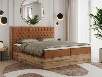 Produktbild von MKS MEBLE Boxspringbett 160x200 mit Bettkasten Eiche, Polsterbett 160x200 mit Matratze H3, Bett 160x200 mit Kopfteil, Bett mit Holzrahmen in Wotan Eiche - Orange Struktur - Amore