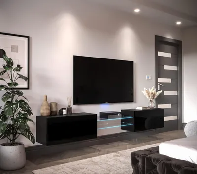 Immagine prodotto di Furnitech Parete attrezzata soggiorno - Mobile soggiorno con LED bianco - Parete attrezzata moderna - Parete attrezzata soggiorno con mensole e mobile TV (AN95-21B-HG1-1B)