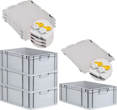 Produktbild von SuperSparSet 4x Eurobox NextGen Economy mit Scharnierdeckel und gelben Schiebeschnappverschlüssen | Griffe geschlossen | HxBxT 22x40x60cm | 44 Liter | Eurobehälter, Transportbox, Transportbehälter, Stapelbehälter