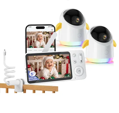 Obrázek produktu pro Dětská chůvička se 2 kamerami a APP 2K/5,0" WLAN chůvička s rozdělenou obrazovkou PTZ 360° 4x zoom IR/RGB noční vidění s držákem