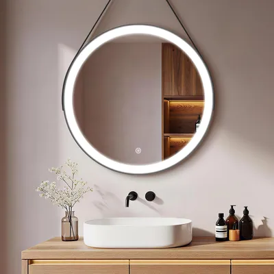 Produktbild von S'AFIELINA 60cm Badspiegel mit Beleuchtung Rund LED Badezimmerspiegel mit Touch und kaltweißes Licht Schwarzer Rahmen verstellbarer Ledergürtel