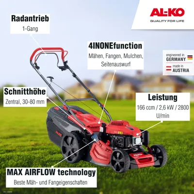Produktbild von AL-KO Benzin-Rasenmäher Premium 470 SP-A (46 cm Schnittbreite, 2.6 kW Motorleistung, Robustes Stahlblechgehäuse, Hinterradantrieb, Mulchfunktion, Seitenauswurf, für Rasenflächen bis 1400 m²)