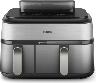 Zdjęcie produktu dla Philips NA555/09 Airfryer z podwójnym koszem i funkcją pary, seria 5000, 9 l, stal nierdzewna/czarny