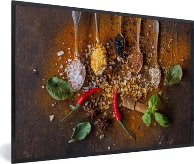 Produktbild von MuchoWow® Gerahmtes Poster Löffel - Kräuter - Gewürze - Salz 90x60 cm - Poster mit Schwarzem Bilderrahmen Wandposter Rahmen Foto Bilder - Fotorahmen - Foto-Plakat