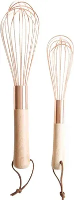 Productafbeelding van Unyqoos® 2-delige set roestvrijstalen garde met roze gouden houten handgreep – S 20×4 cm (handgreep 10,2 cm) & L 25,5×6 cm (handgreep 12,3 cm) voor het mengen van eieren, kruiden en deeg