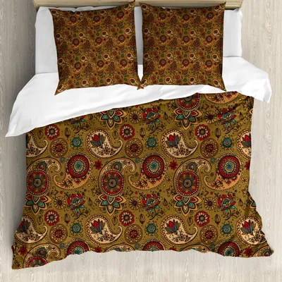 Produktbild von ABAKUHAUS Paisley Bettbezug Set, Vintage inspirierte mehrfarbigen Blatt authentische Blume Motiv in Erdfarben drucken, 200 x 200 cm + 80 x 80 cm, Mehrfarbig