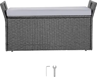 Image de SucceBuy Banc de jardin avec espace de rangement 180 kg, banc en rotin PE, coffre avec coussins & poignées latérales, banc de rangement pour terrasse, jardin & balcon, 104x45x52cm