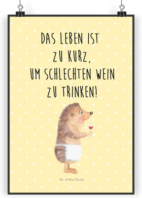Produktbild von Mr. & Mrs. Panda Bild Igel Wein DIN A4 - Gelb Pastell - Geschenk, Wandbild, drucke, Lustige Sprüche, Weißwein, Weinglas, Weinliebhaber, Kunstdruck, Spruch, Rotwein