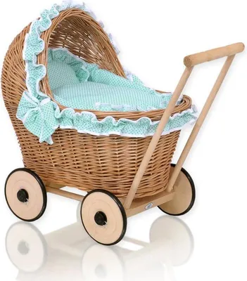 Productafbeelding van Popwagen van natuurlijk wilgenvlechtwerk – handgemaakte kinderwagen voor poppen – zachte bekleding en flexibele wielen