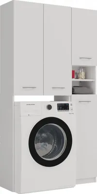 A white washing machine and cabinets in a laundry room.