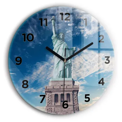 Produktbild von Wallfluent Große Wanduhr – Stilles Quarzuhrwerk - Uhr Dekoration Wohnzimmer Schlafzimmer Küche - Zifferblatt - schwarze Zeiger - 60 cm - Freiheitsstatue New York