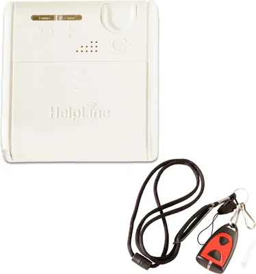 Produktbild von Helpline Mini: Kleiner mobiler Hausnotruf mit spritzwasserfestem Notrufsender und Gürtel Clip für die häusliche Pflege; Notrufsystem mit Funk Notruf Halsband; Notrufknopf Senioren; Pflegeruf Set