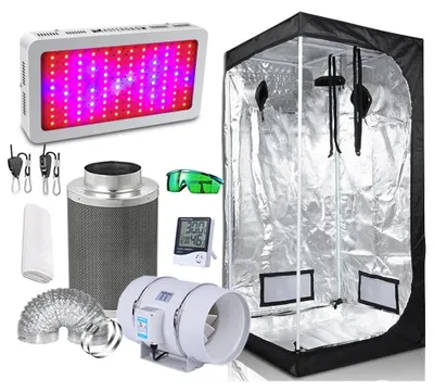 Produktbild von Grow-Zelt-Anbausystem - Komplettset - 120 x 60 x 150 cm - LED-Pflanzenlampe - Hoher PPFD - 10-cm-Abluftventilator mit Aktivkohlefilter