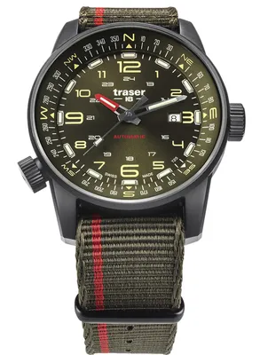 A close-up studio shot of a Traser men's watch with a green dial and a green and red striped nylon strap.