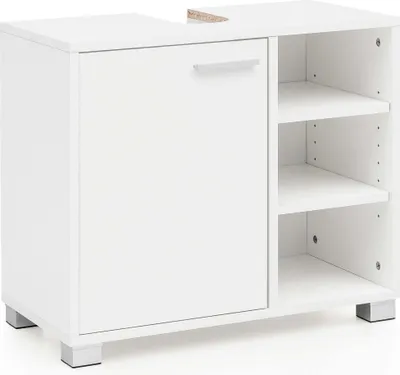 Produktbild von Rootz Badezimmerschrank – Holzunterschrank mit Tür – Waschtischunterschrank mit Staufächern – Badezimmermöbel mit Regal – Weiß – 60 x 55 x 32 cm