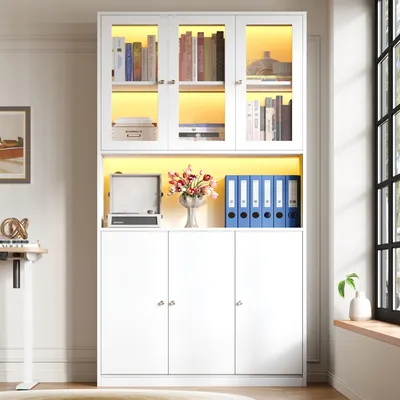 Produktbild von Flieks Bücherschrank mit Glastüren und LED-Beleuchtung, offenem Fach und 3 Türen, Aktenschrank, Mehrzweckschrank 100x35x200cm, Weiß