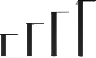 Four black furniture legs of varying heights are displayed against a white background.