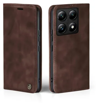A brown flip-style phone case is shown from two angles, one closed and one open to reveal the phone's camera.