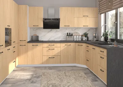 Produktbild von U-Form Küchenzeile CASELLA Einbauküche Holzoptik Farbe & Ausführung wählbar HETTICH InnoTech Atira Vollauszug Casella Eiche Natur hell grau
