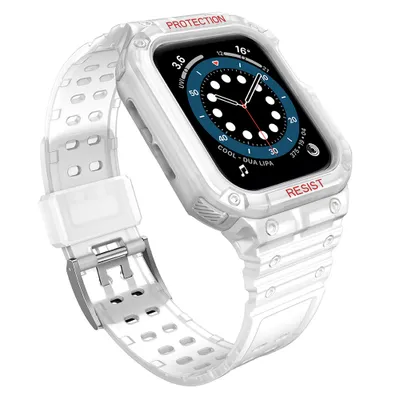 Zdjęcie produktu dla Protect Strap Band opaska z etui do Apple Watch 7 / 6 / 5 / 4 / 3 / 2 / SE (41 / 40 / 38mm) obudowa pancerny pokrowiec na zegarek przezroczysty