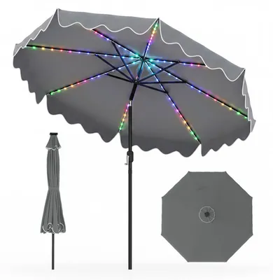 Image de Parasol COSTWAY de 270 cm avec LED multicolores, 12 modes d'éclairage, parasol de jardin inclinable de 30° de chaque côté, parasol de terrasse avec manivelle et volant, couleur gris