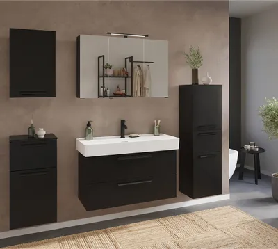 Produktbild von Badmöbel Komplett Set in schwarz, Spiegelschrank mit Aufbauleuchte und Waschtisch 100 cm Breit - ATELLA-03