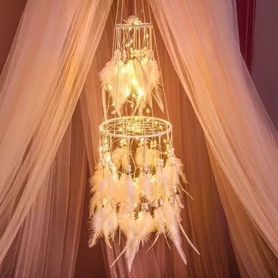 Produktbild von Traumfänger-Dekoration mit warmweißer LED-Lichterkette zum Aufhängen, weiß/rosa