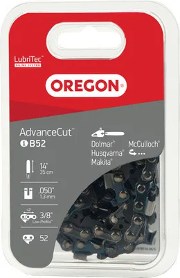 The image shows the packaging of an Oregon AdvanceCut B52 chainsaw chain.
