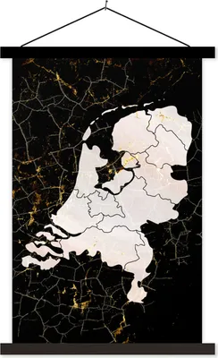 Produktbild von MuchoWow® Textilposter Karte - Niederlande - Gold 40x60 cm mit schwarzem Rahmen - Wanddekorationen