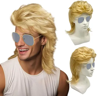 Produktbild von Blond Mullet Perücke für Männer, 80er Rocker Look, 22-24,5 Zoll, Hitzebeständige Synthetische Fasern, für