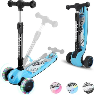 Produktbild von YOLEO Kinderscooter, Dreiradscooter mit LED Räder, 2-Rädern Hinterbremsen, 4 Höhenverstellbare, faltbarer Lenker, für Kinder ab 3 Jahren, Blau