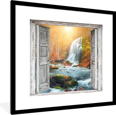 Produktbild von MuchoWow® Gerahmtes Poster Wasserfall - Aussicht - Landschaft 40x40 cm - Poster mit Schwarzem Bilderrahmen Wandposter Rahmen Foto Bilder - Poster - Plakat im Rahmen