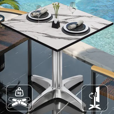Produktbild von CPBL | HPL Bistro Tisch | B:T:H 60 x 60 x 78 cm | Weiß-Marmor / Aluminium | Klappbar + Zusatzgewicht | Quadratisch | Bistrotisch Gastro Tisch