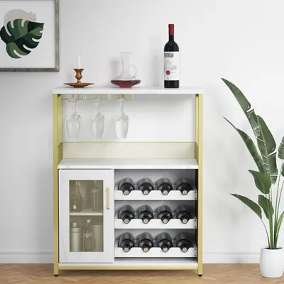Image de Casier à vin, armoire-buffet de bar avec porte-verre à vin 3 rangées, casier à vin amovible, porte en verre trempé, sideboard pour salle à manger et salon