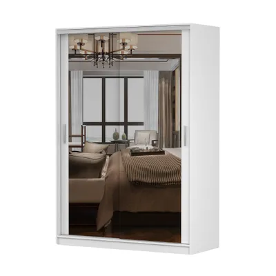Produktbild von Schwebetürenschrank TOKYO M, Schlafzimmer Kleiderschrank Schrank 150 cm Weiß/Weiß mit Spiegel, alurfarbene PVC-Griffe