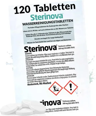 Produktbild von JB White Puritabs Sterinova 120x Wasser Rudergerät Tabletten gegen Algen, extra konzentriert, Chlortabletten zB geeignet für WaterRower, SportPlus, Skandika Wasserrudergerät (20 x 6)