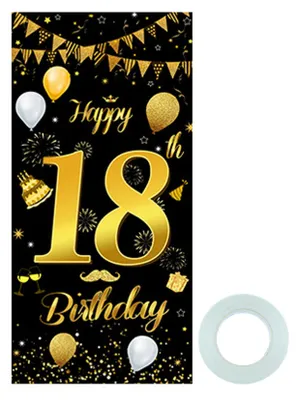 Produktbild von 18 Geburtstag Party Deko Banner, 18 Happy Birthday Banner, 18ter Geburtstag Dekorationen, Schwarzes und Gold Dekoration für Jungen und Mädchen, Wesentliche für 18.Geburtstagsfeier, 185×90 cm