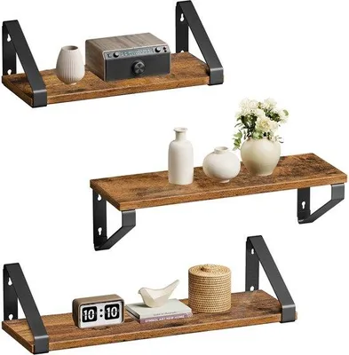Image de Ensemble de 3 étagères murales flottantes Unyqoos®, style rustique, couleur marron, structure en métal noir, panneaux de particules et supports en acier, installation possible en haut ou en bas, capacité de 10 kg par étagère
