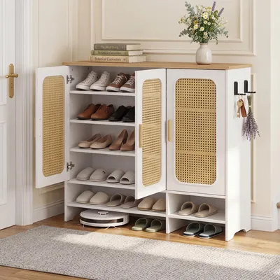 Schoenenkast mit 3 Rotan-Türen, 5 Böden, 98x35x115 cm, Weiß