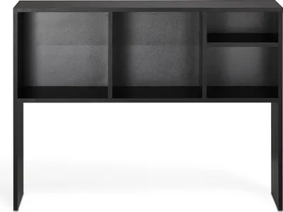 A black desk organizer with multiple shelves and compartments, shown against a white background.