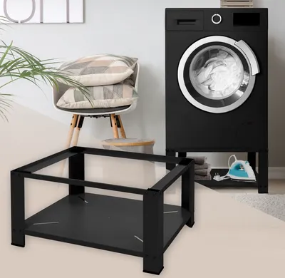 Produktbild von ML-Design Waschmaschinen Untergestell mit Ablage 63x54cm, Stahl Schwarz, bis 150kg, für Kühlschrank,Waschmaschinen-Unterschrank, Waschmaschinensockel