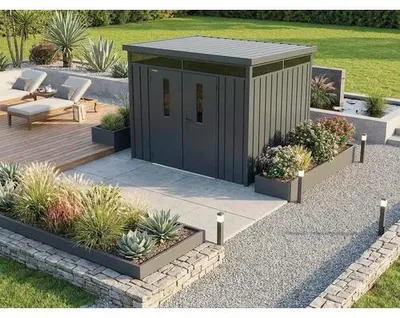 Produktbild von Gartenhaus Konsta Premium Systemhaus 7,5 m² inkl. Regenablaufrohr 274 x 274 cm metallic schwarz