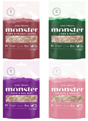 Zdjęcie produktu dla Monster Dog Treats Baked 4x100g Przysmaki Treningowe Dla Psa Mix 4 Smaków