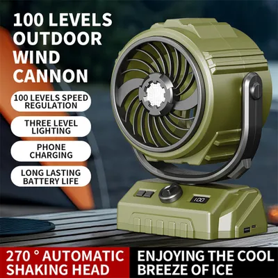Produktbild von Mini USB-Ventilator Camping Ventilator, 6000mAh Ventilator USB Wiederaufladbarem LED Licht Tragbar Ventilato, 270° Rotation, Armeegrün