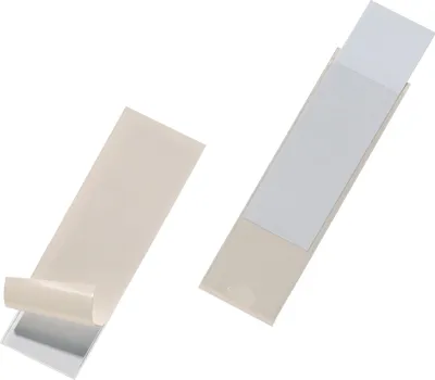Two self-adhesive pockets are shown against a white background. One pocket is partially peeled back to reveal the adhesive side.