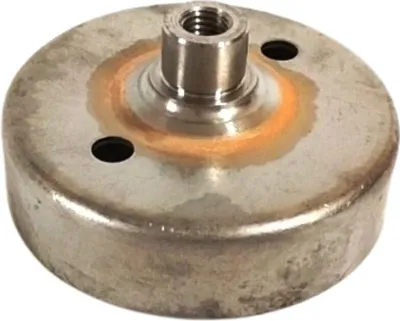 A metal clutch drum with a threaded shaft in the center.