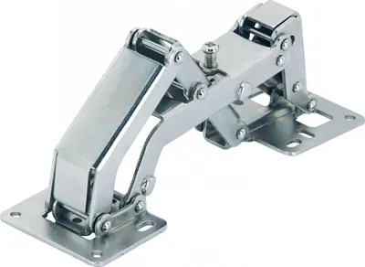 A close-up studio shot of a metal hinge.