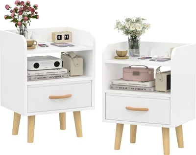 Image de Ensemble de 2 tables de chevet Table d'appoint avec tiroir＆poignée＆compartiment ouvert 30x40x55cm Blanc
