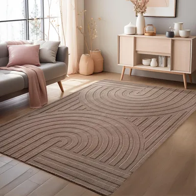 A living room scene with a sofa, rug, and cabinet.